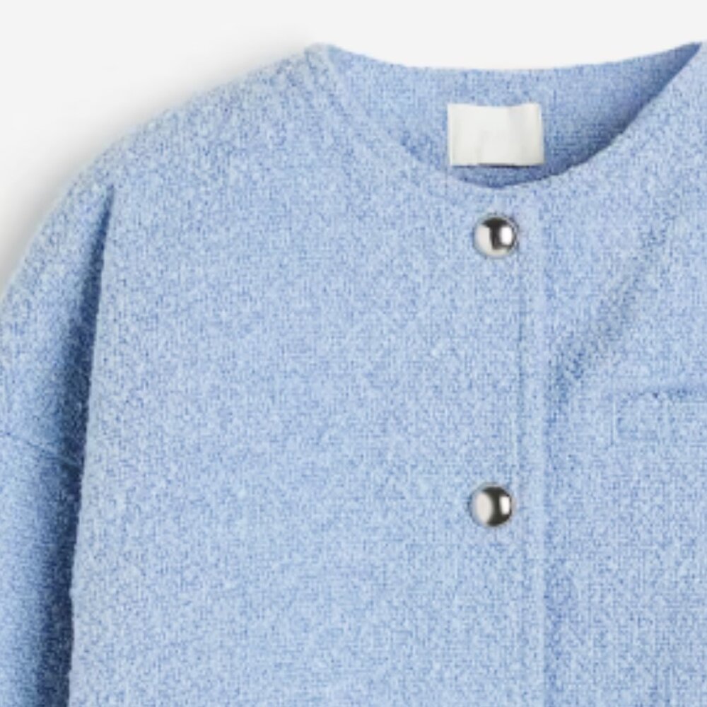 H&M Blue Boucle Oversized Cropped Collarless Button Front Jacket - Picture 3 of 3